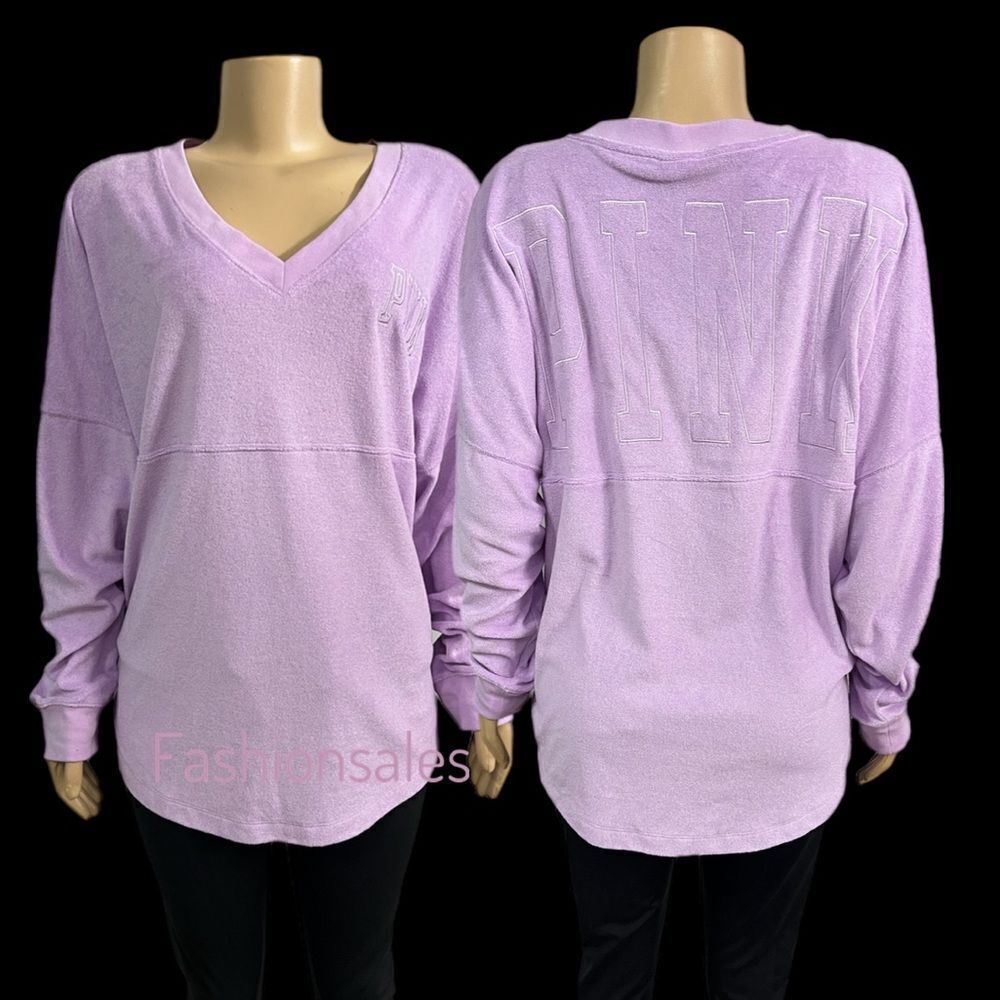Victorias Secret Pink Varsity Terry Cloth V Neck Oversized Pullover petal purple - Picture 8 of 8